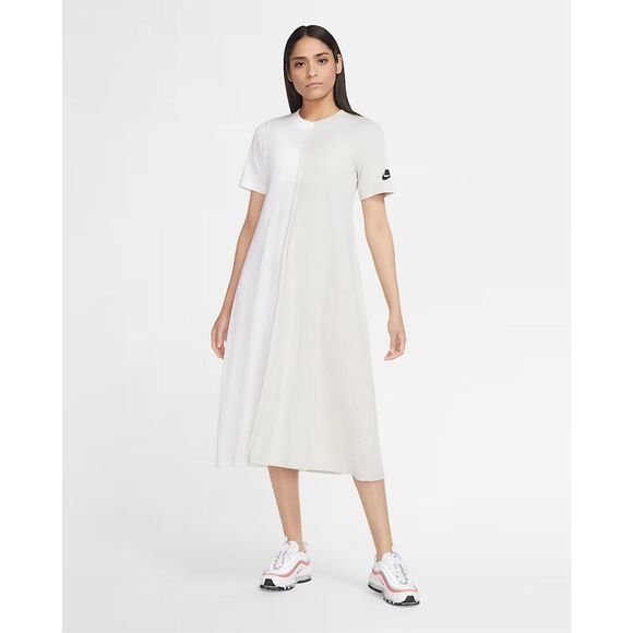 NWT Nike Organic Cotton Short Sleeve Midi Dress SZ S White Tan Color Block - Picture 1 of 6